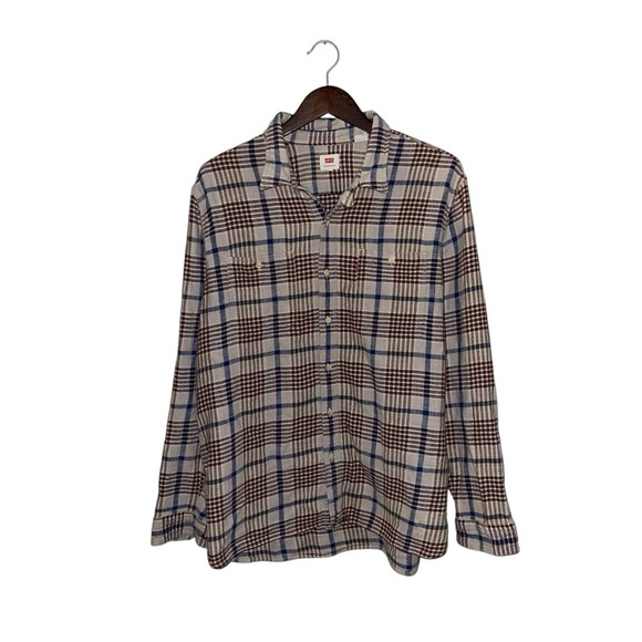 Levi’s Flannel Men’s Size XXL Beige Brown Navy Plaid Cotton‎ Shirt Button-Up - Picture 1 of 9